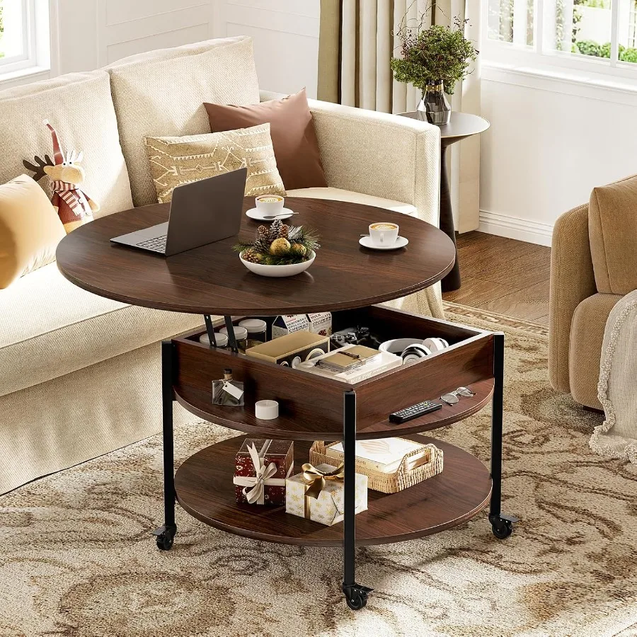 Small Round Lift Top Coffee Table with Wheels and Storage for Living Room, Wood Finish, Natural Brown, Space-Saving and Mobile