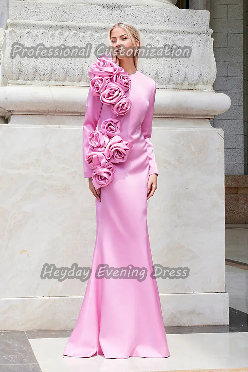 Heyday السعودية  O-Neck Flower Prom Gown Sexy Mermaid Crepe Long Sleeves Floor Length Elegant Dress For luxurious Woman 2024