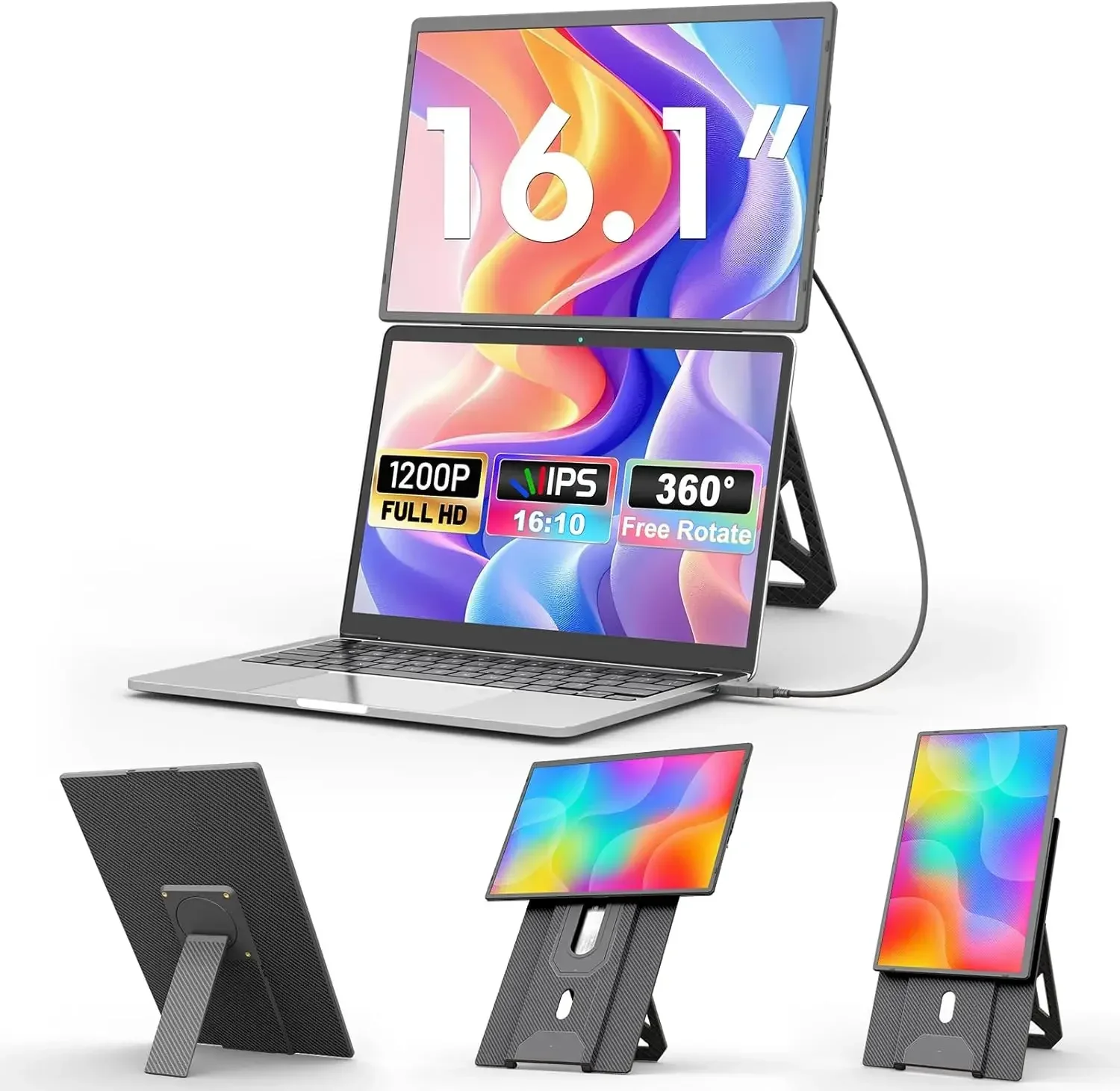 

16.1'' Laptop Screen Extender, 360° Rotating Detachable Stand/VESA Support, FHD 1200P IPS Portable Monitor, Plug & Play with HDM
