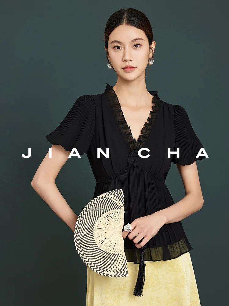 

Jiancha Parisian past Luxury Heavyweight Creased V-ne Silk Airy Top Women's Commute Sle Loose Fit ort Sve T