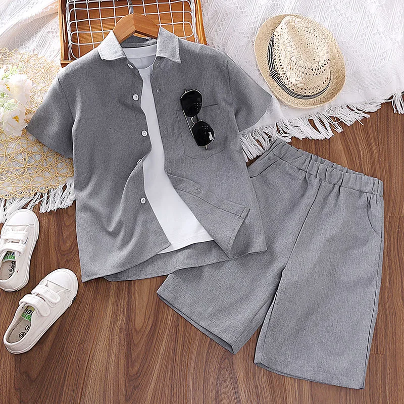 New Summer Kids Clothes For Boys Grey Short Sleeved Shirt And Grey Shorts Casualstyle