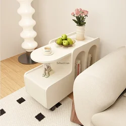 Sofa Side Cabinet, Light Luxury Mobile Coffee Table, Bedside Small Table, Cream Wind Side Table, Living Room Trolley with Wheels