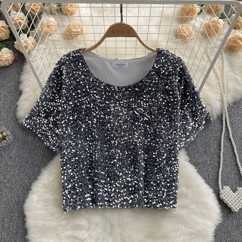 Heavy Industry Sequin T-shirt Women's Design Sense Niche Loose All-match Short Round Neck Temperament Fried Street Shirt Trend