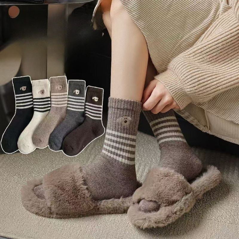  6 Pairs Autumn and Winter Thick Warm Maillard Striped Women's Socks Trendy and Versatile Cartoon Animal Mid Tube Women's Socks 