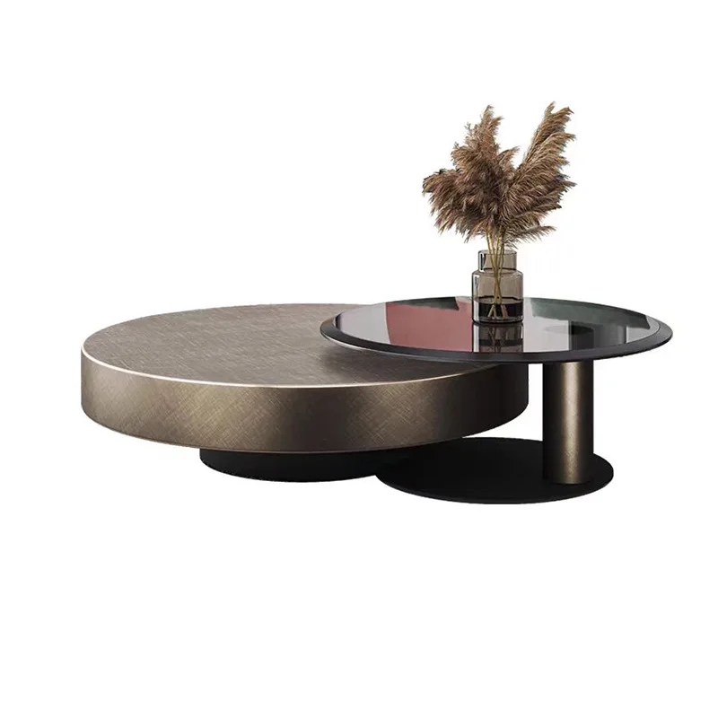 Italian light luxury, minimalist small apartment, round modern simplicity, stainless steel bronze coffee table, glass edge table
