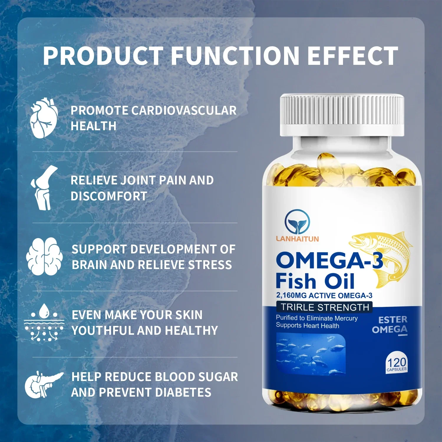 LANHAITUN Omega 3 Fish Oil Capsules Ultra-Pure Supplement Promotes Joint, Eye, Skin Health, Supports Fatty Acids, Immune Support