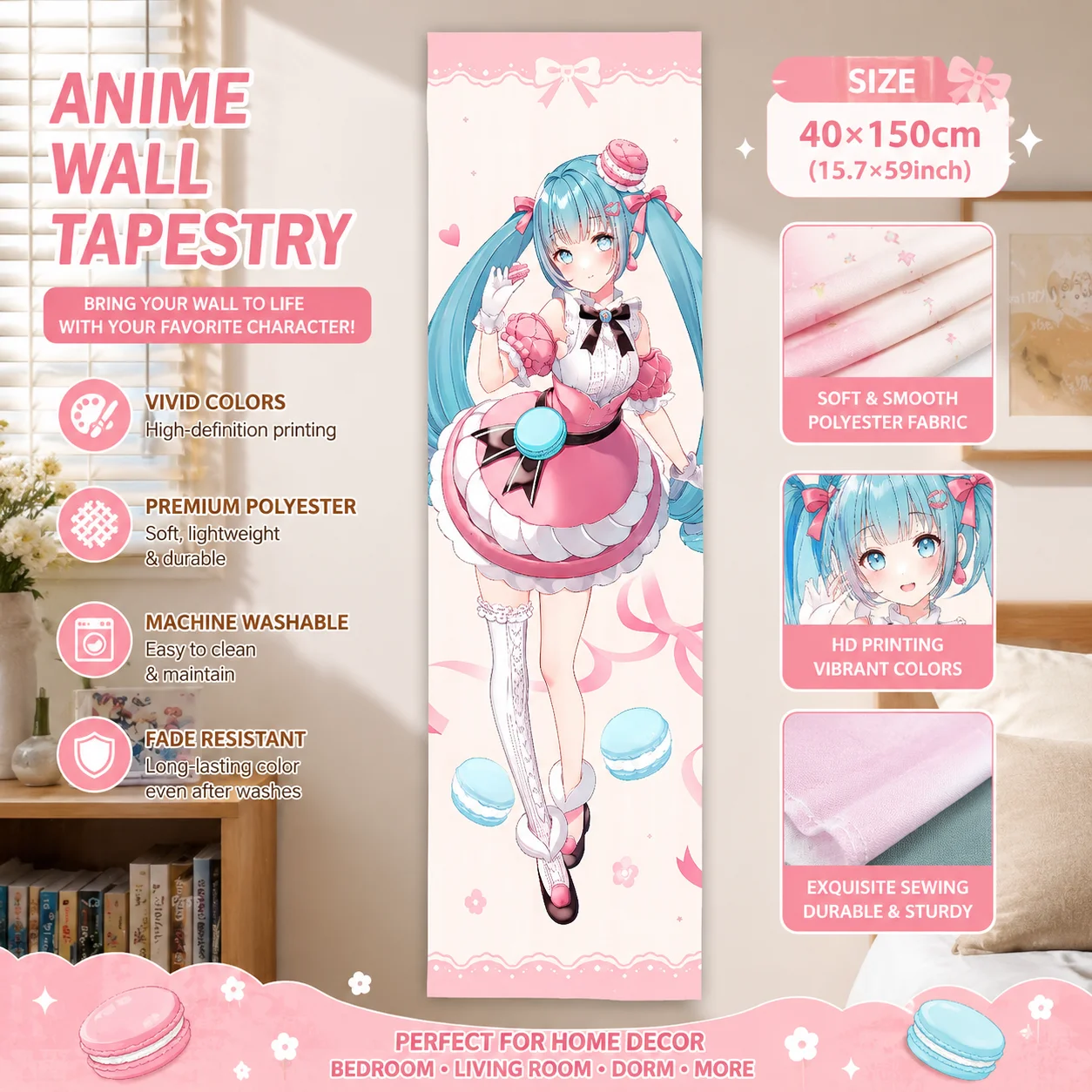 Tapiz Vertical de Hatsune Miku, Fondo de Encaje Rosa Macaron, Decoración de Pared Larga de Anime Vocaloid para Dormitorio
