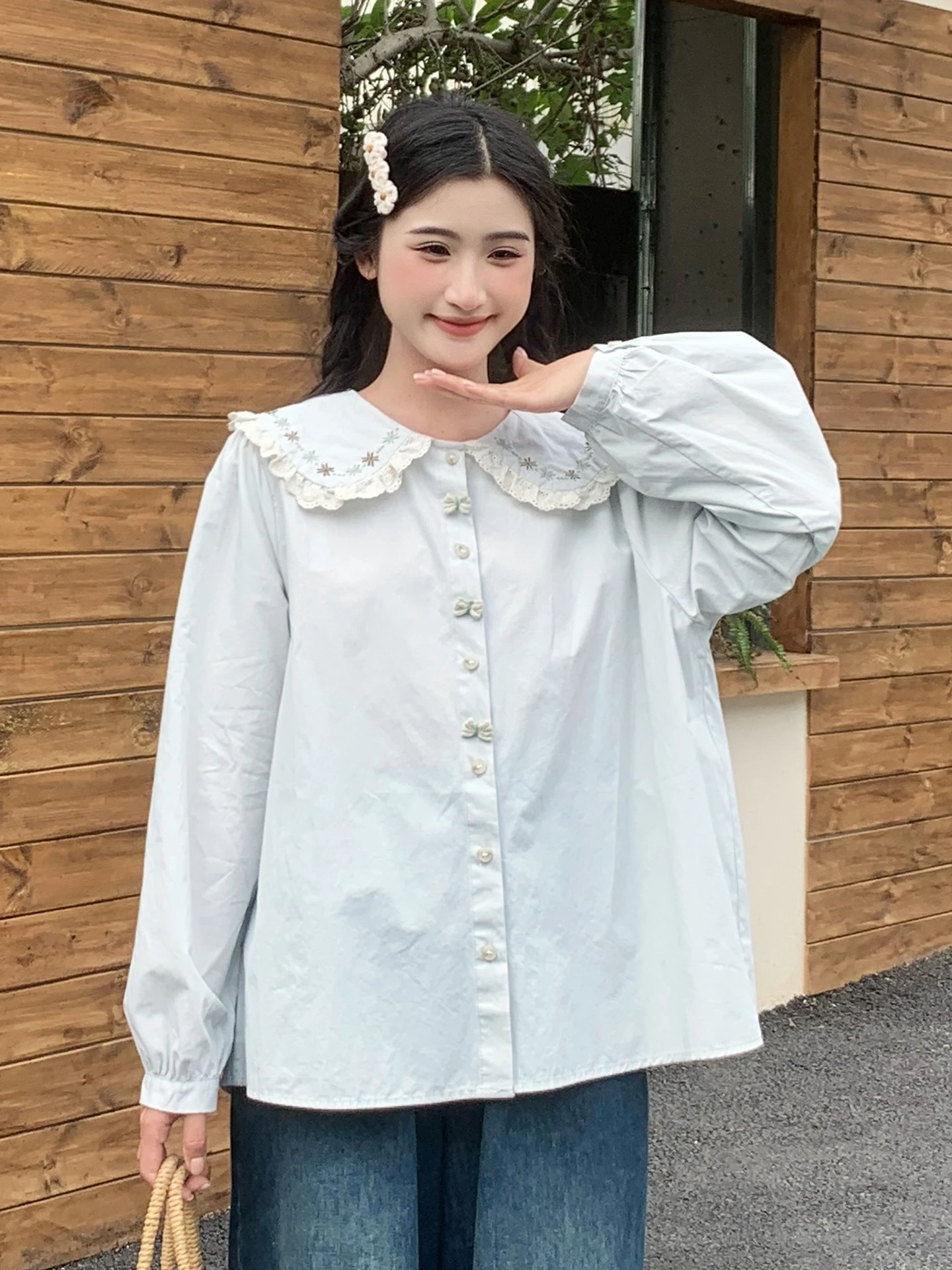 

Blue Ruffle Collar Doll Shirt Women's Style Unique 2026 Spring Cotton Polyester Blend Breathable Long Sleeve Sweet Japanese S...