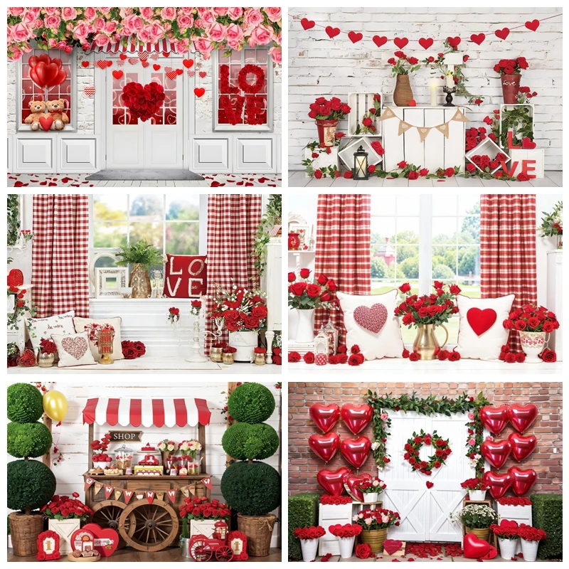 

Valentine's Day Photography Backdrop February 14 Love Heart Rose Flowers Ballons Wedding Anniversary Photo Backgrounds Studio