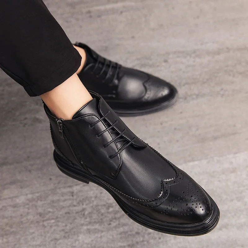 

New Men's Business Ankle Boots Black Brown Side Links Business Fashion Block Leather Shoes High Quality Chelsea Boots Size 38-46