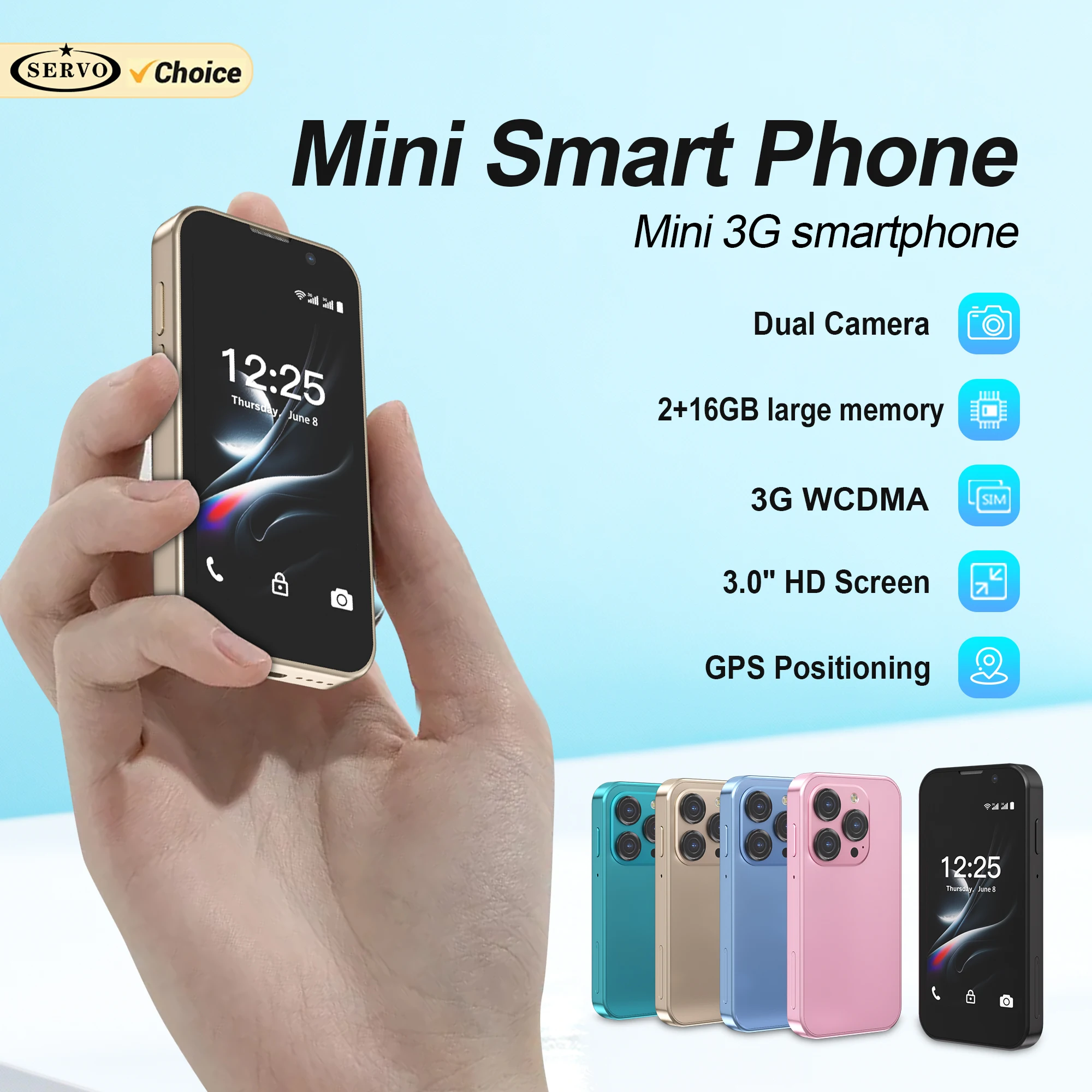 SERVO Mini Android Smartphone 3G WCDMA 2GB+16GB Play Store WhatsAPP WiFi GPS Dual SIM Card 3.0'' Small Display Smart Mobile Phone