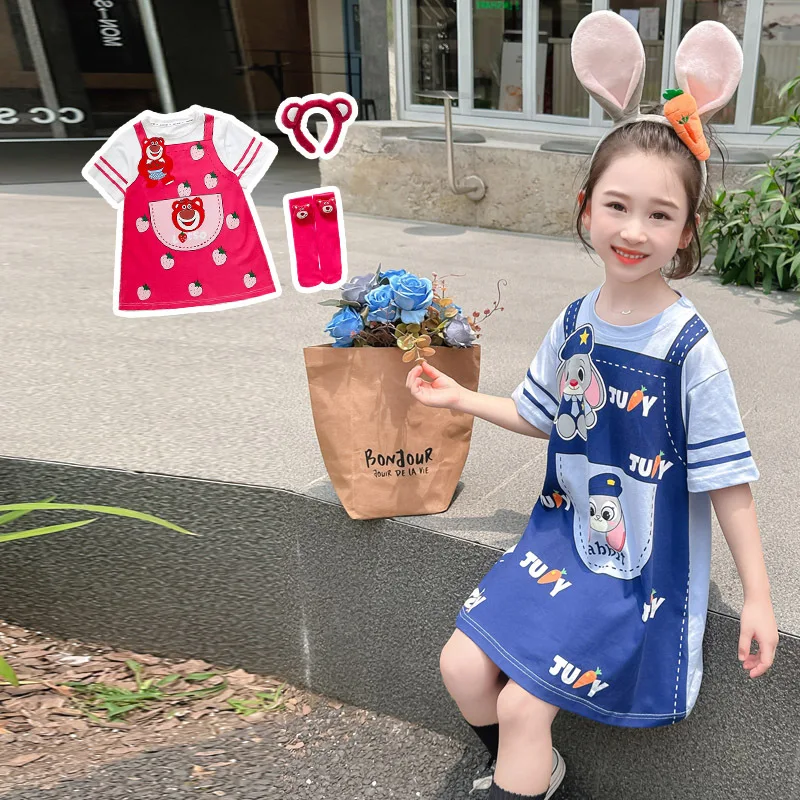 Summer New Short Sleeved Girl Strawberry Bear Judy Rabbit Sweet And Cute Cartoon Printed Dress Fake Two Piece T-shirt Skirt