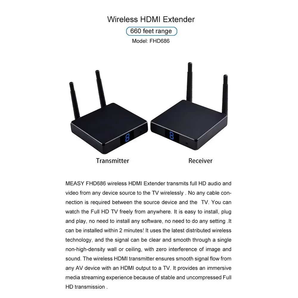 FHD686 2.4G/5G Wirelessly Audio Video Transmitter and Receiver for Camera/Laptop/Computer Transmit Audio Video to  Projector/HD