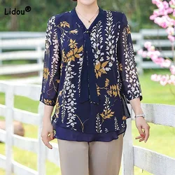 Women's Clothing Casual Fashion 3/4 Sleeve Printing Chiffon T-shirt 2023 Summer Thin Female Vintage Loose V-Neck Spliced Tops