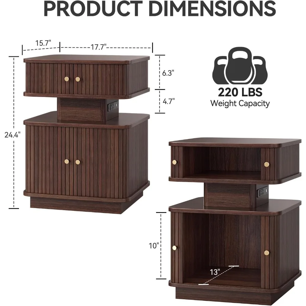 حامل ليلي، منضدة LED، منضدة حديثة مع قاعدة شحن، حامل ليلي مع درجين وباب منزلق، حافة متعرجة، S #2