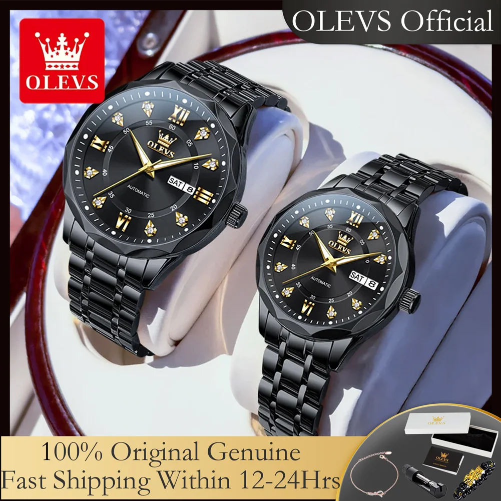 

OLEVS 6727 часы для пар, комплект из 2 предметов, новые классические водонепроницаемые автоматические механические часы с двойным календарем из нержавеющей стали для мужчин и женщин