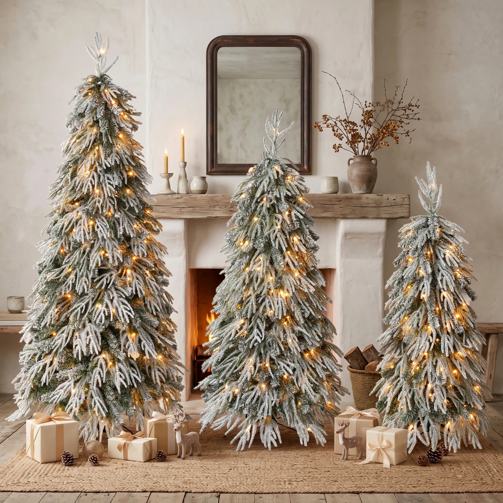 Snowy Cascading Christmas Trees 3-Piece Set with Control Lighting, Flocked Weeping Branches, and Multi-Level Forest Display for Holiday Home Décor