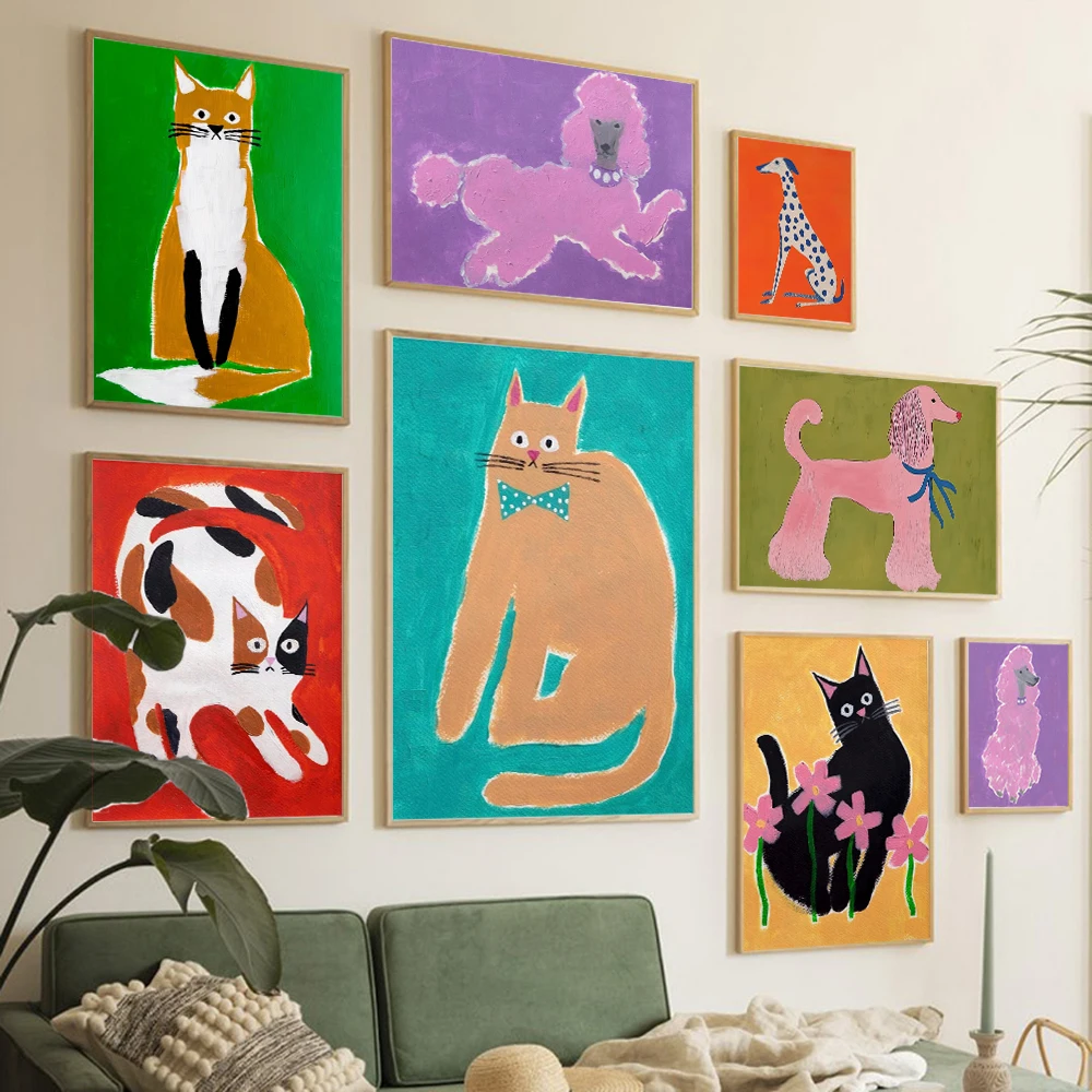 1pc frameless Canvas Painting Pink Poodle Fancy Cat Dog Art Print Painting Contemporary Abstract Posters Nursery Kids Children’s