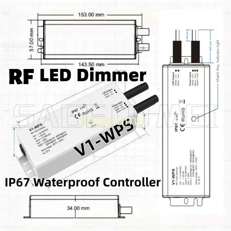 0 -100% Dimming SKYDANCE 12-48VDC IP67 Waterproof Controller 1CH*20A V1-WPS RF CV RF2.4GHz + push switch for Single color LED