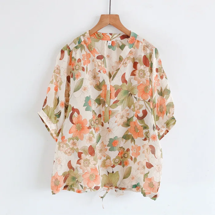 New Spring Cotton Sweet Shirt Women V Neck Short Sleeve Floral Tops Girl Retro Literature Commute Blouse 2024 Summer T45444QM