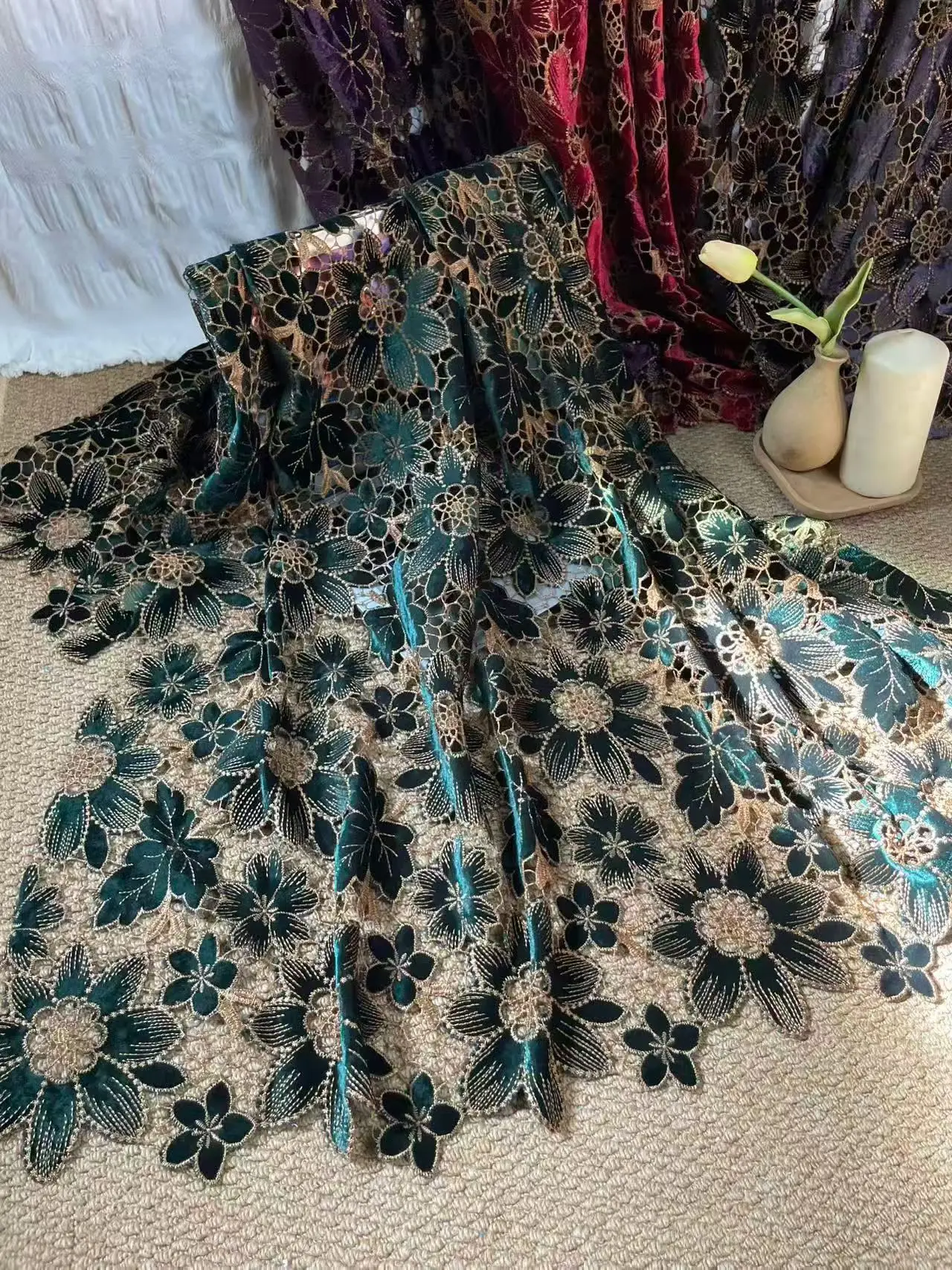 

2025 Latest Velvet Cord Lace 5 Yards African Cord Lace Fabric Embroidery French Net Lace High Quality For Wedding Dresses M15-1