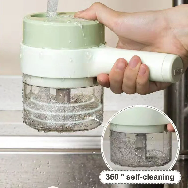 4 In1 الكهربائية قطاعة الخضراوات مجموعة يده اللاسلكية الكهربائية الثوم مهروسة الطعام المروحية مفرمة اللحم آلة الغذاء قشر شريحة