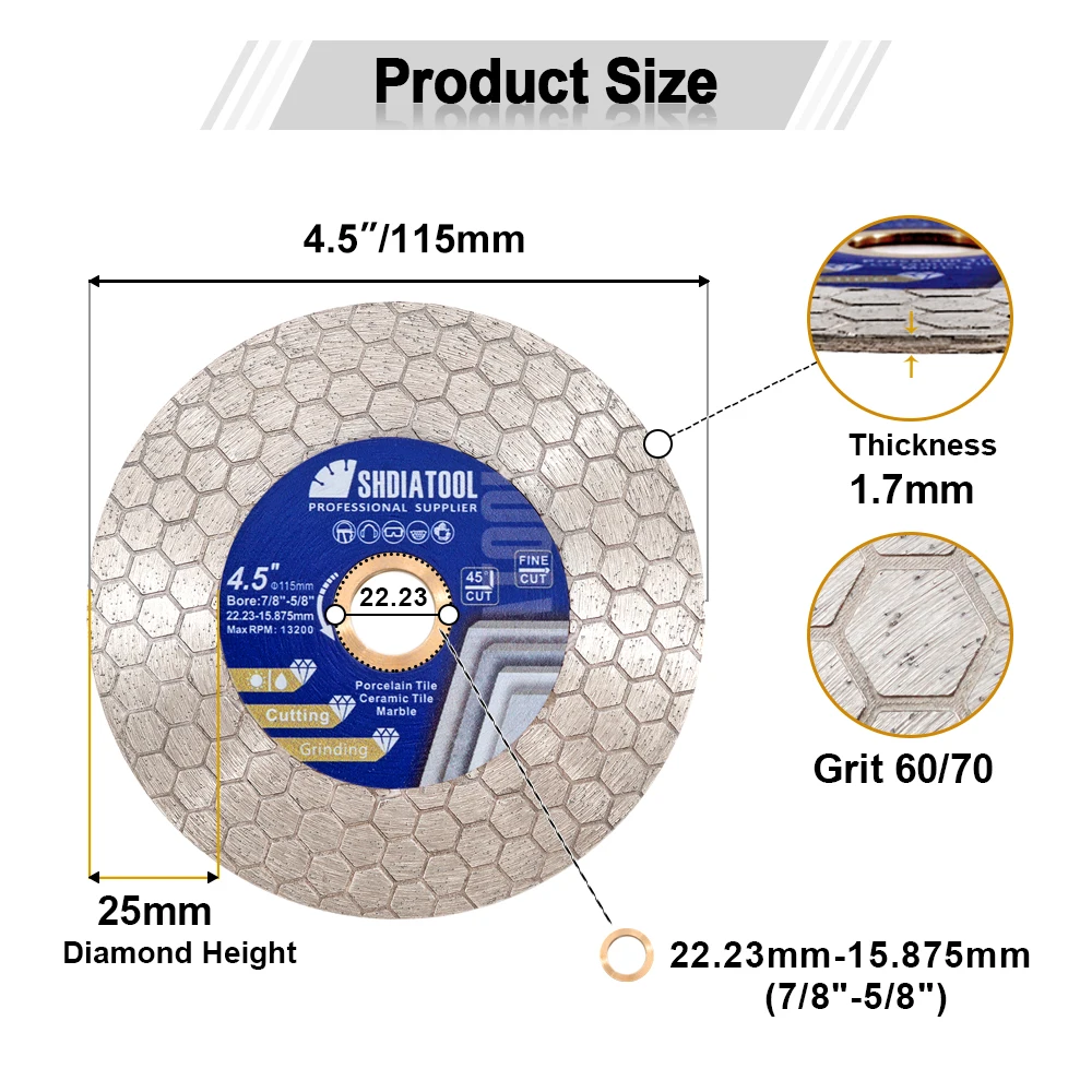 SHDIATOOL 2Pcs Double Side Diamond Cutting Disc Hex Segment Saw Blade Tile Ceramic Marble Grinding Wheel 115mm Granite Cut Plate