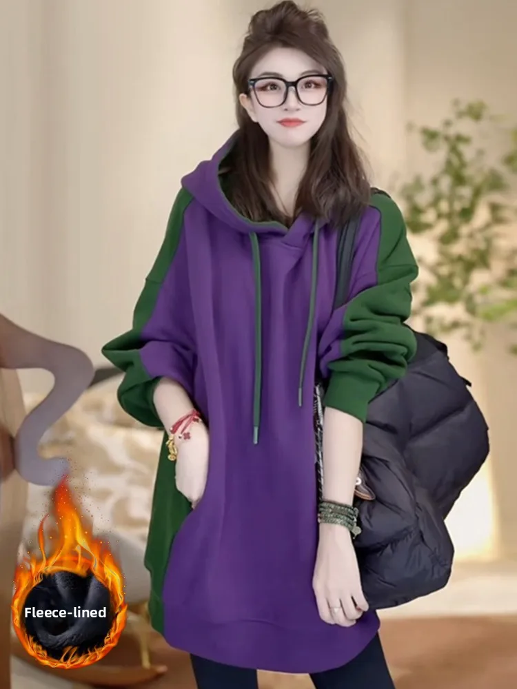 Trendy Color Block Fleece Lined Hoodie Women's Sporty Casual Sweatshirt Spring 2026 mid Length Street Style Loose Fit