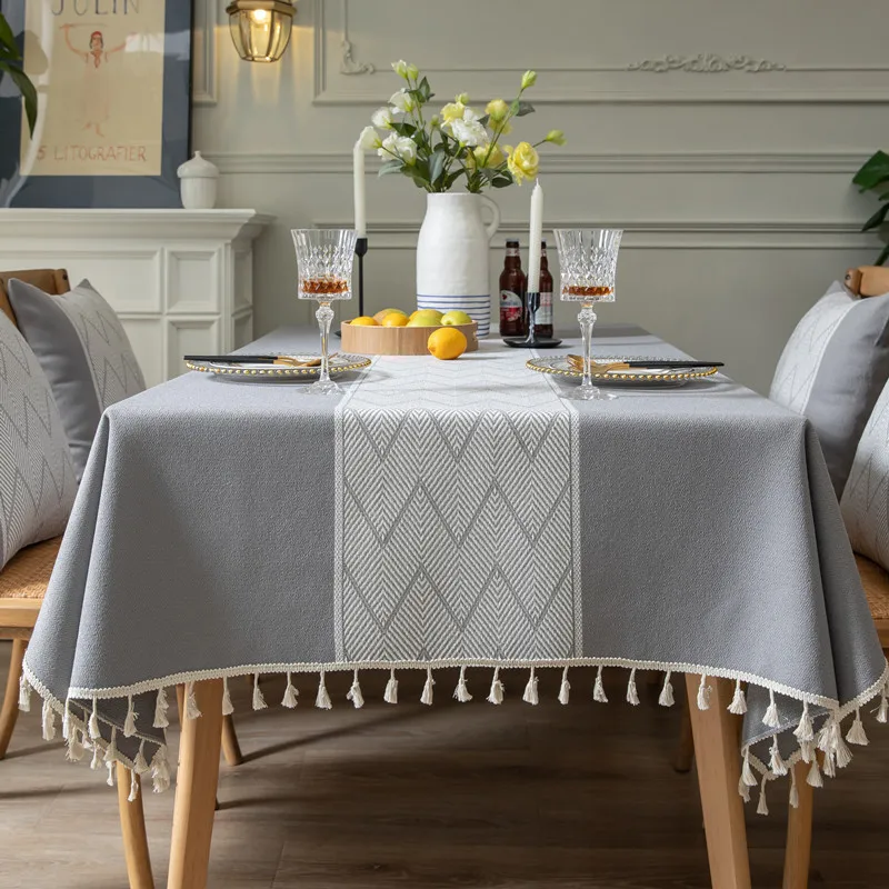 Simple Polyester Jacquard Tablecloth Large Wave Fringed Long Rectangular Table Cloth Waterproof Dining Table Cover Decor Home