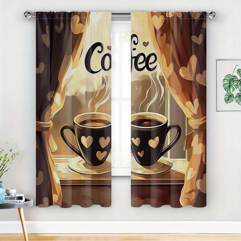 Coffee Cup Heart Curtains Cafe Style Drape with Steam & Mug Print for Kitchen Dining Room Window Treatment Home Decor