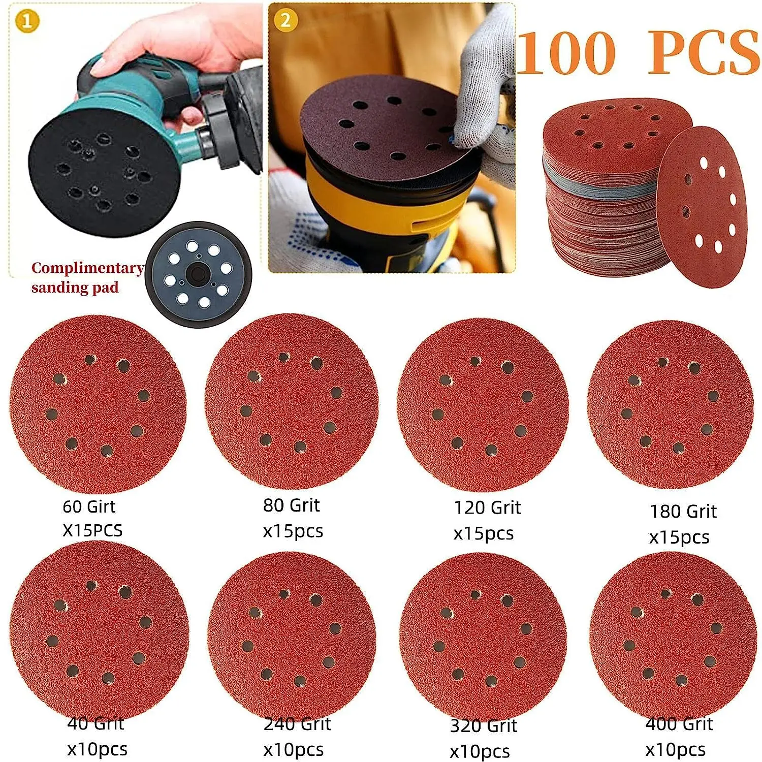 5 Inch 8 Holes Hook & Loop Sandpaper Kit 101 Pcs with Backing Pad 40-400 Grits Assortment for Polishing Metal Wood Home