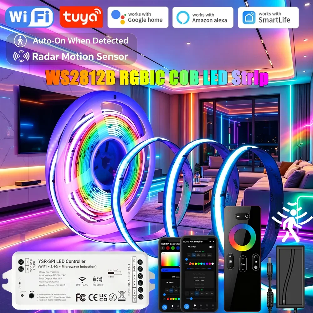 Tuya Smart WIFI RGBIC COB LED Strip Light Tape Addressable WS2811 IC Flexible RGB Neon LED Light PIR Motion Sensor for Google