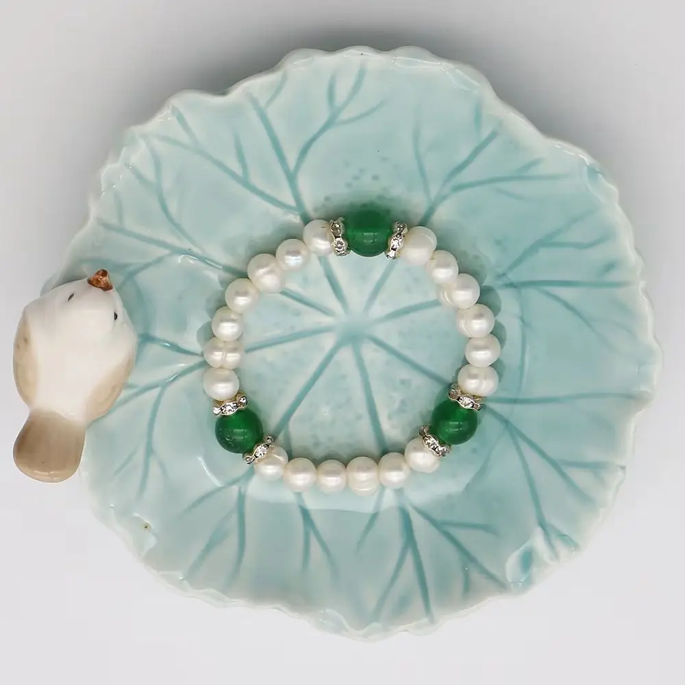 

8-9mm White Natural Baroque Pearl Bracelet Freshwater Screw Pearl With Malay Jade Creative Beaded Jewelry Fashion Coordination