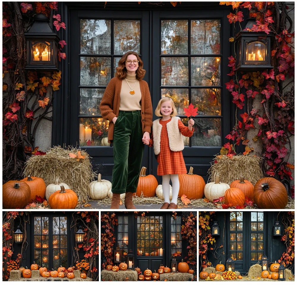 Autumn Halloween Photography Background Fall Window Maple Leaves Pumpkin Haystack Thanksgiving Kids Portrait Photoshoot Backdrop
