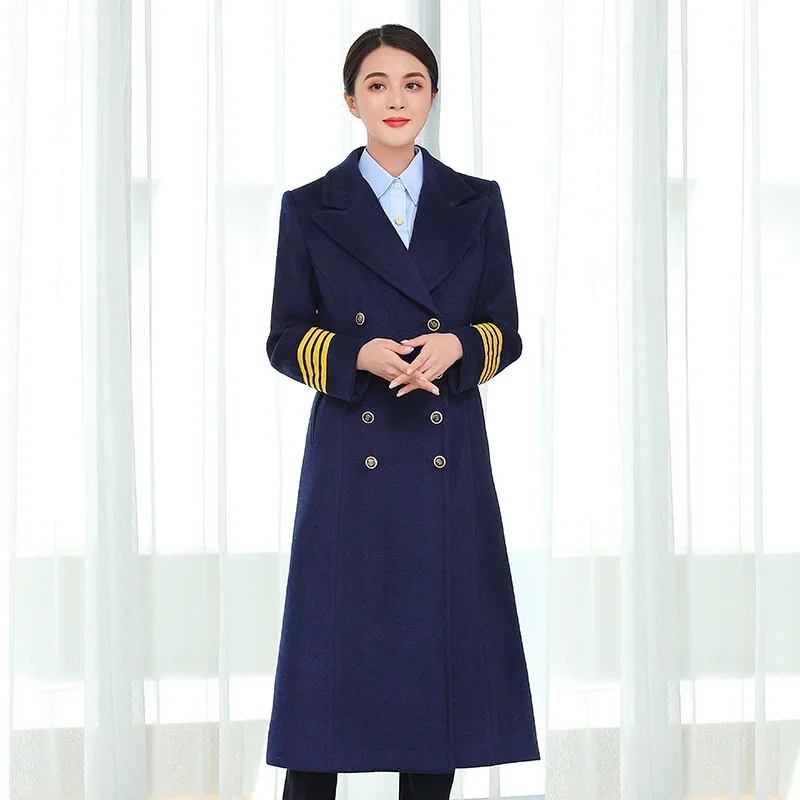 China Southern Airlines Flight Attendant Woolen Coat Women Wool Fabric Winter Mid length Thickened Aviation Overcoat Uniform