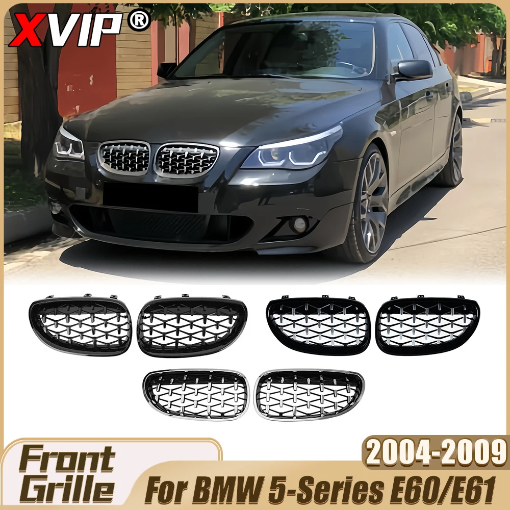 

XVIP Front Chrome Silver Diamonds Style Bumper Grille Glossy Black Racing Grille Upper Grille For BMW 5-Series E60/E61 2004-2009