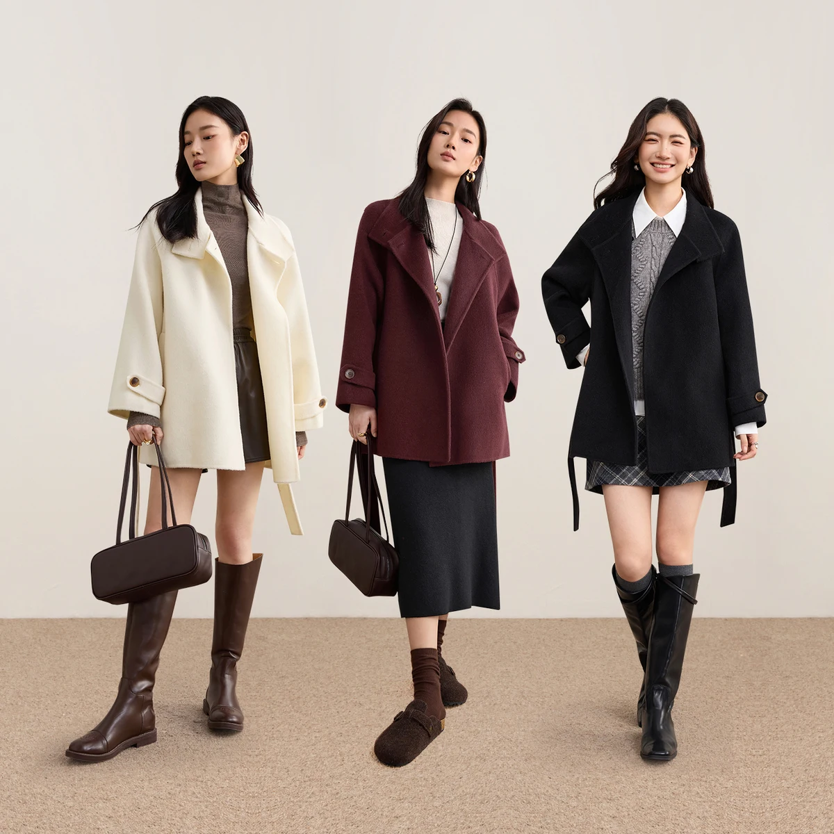 SENTUBILA Women's 100% Wool Coat Ladies Double Faced Belted Overcoat 2025 Winter Stand Collar Warm Outerwear Woman W54OG8765