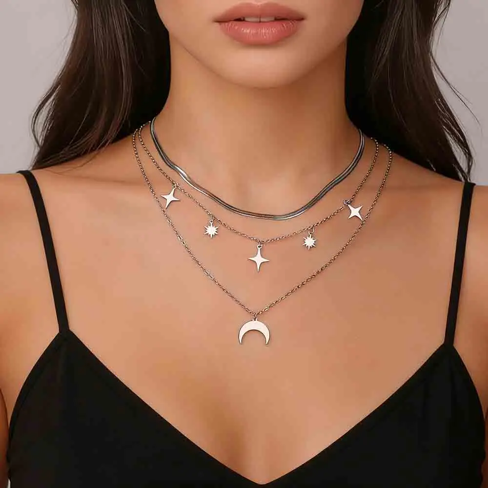 Skyrim Moon Star Charms Multiple Layer Necklace Women Girls Stainless Steel Snake Chain Choker Jewelry Birthday Gift