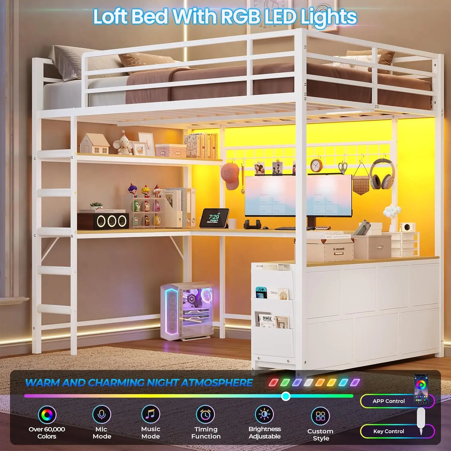 Loft Bed Full Size with U-Shaped Desk,7 Storage Drawers and Charging Station,Metal Full Loft Bed with Led Lights, Customized image 4