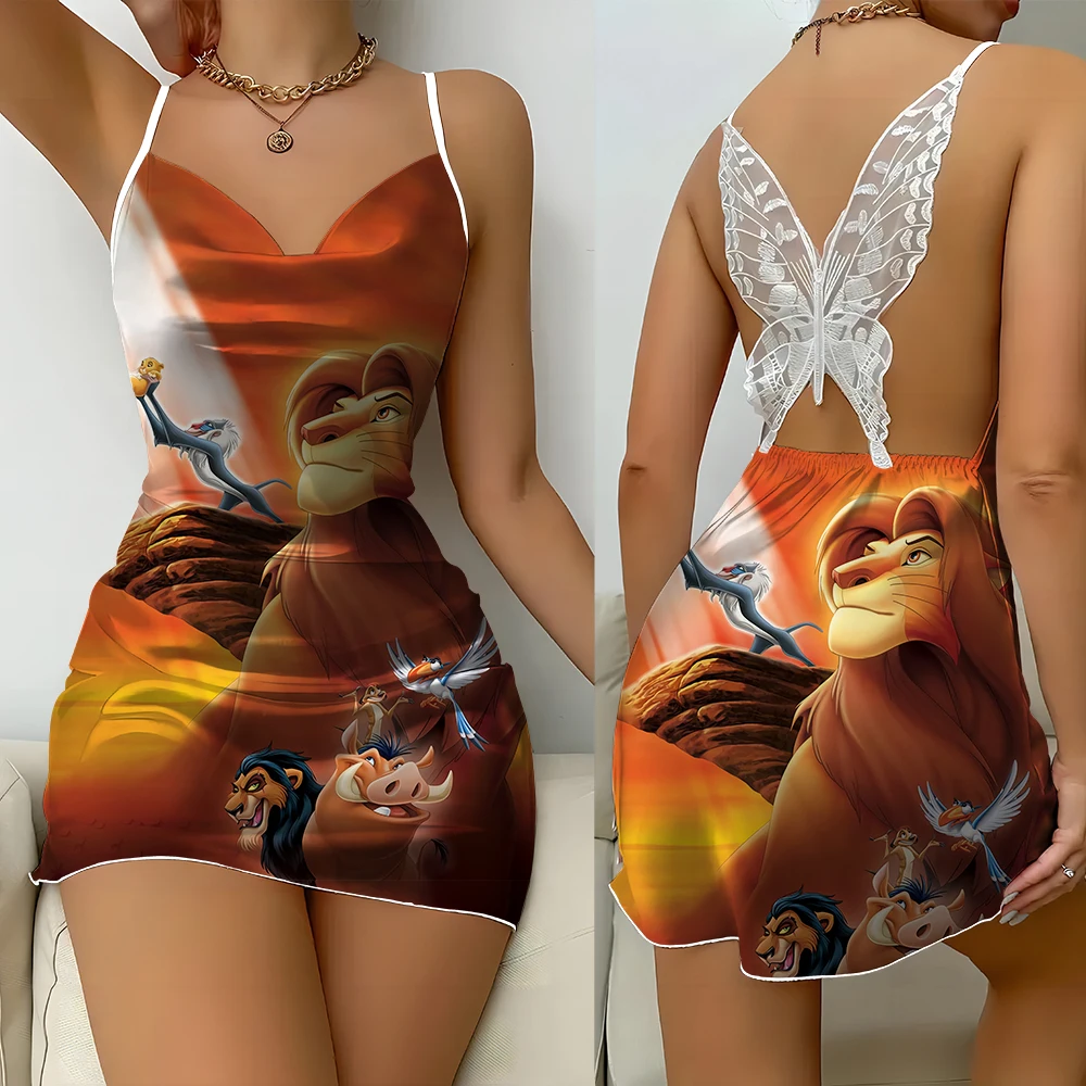 Summer fashion trend sexy women nightdress dress suspender Simba Lion King print lace butterfly backless dress