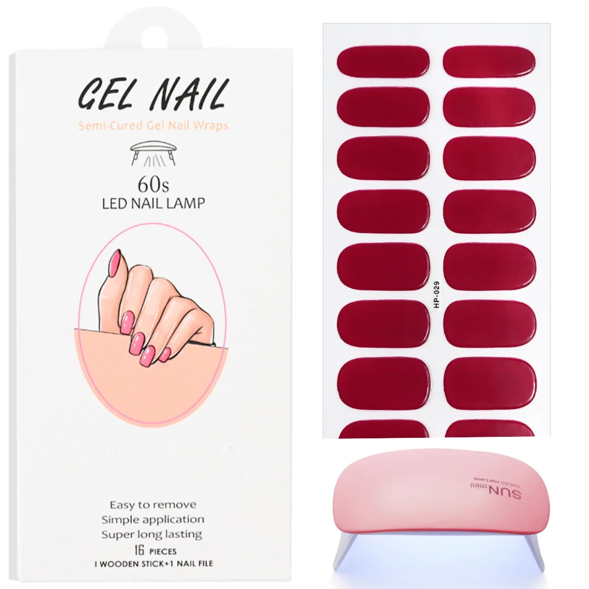 

16Tips Semi-Cured Gel Nail Stickers with 1pc LED Lamp Long-Lasting Solid Color Nail Strips Patch Slider Sticker DIY Nail Manicur