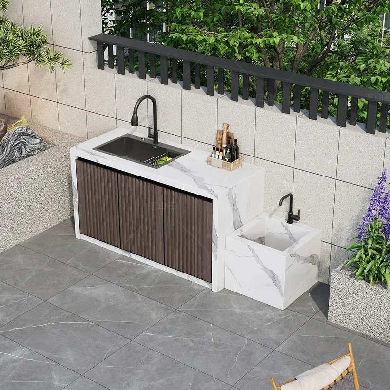 2026 New Outdoor Rock Slab Console Wash Basin Integrated Cabinet Garden Sink Barbecue Table for Courtyard Patio
