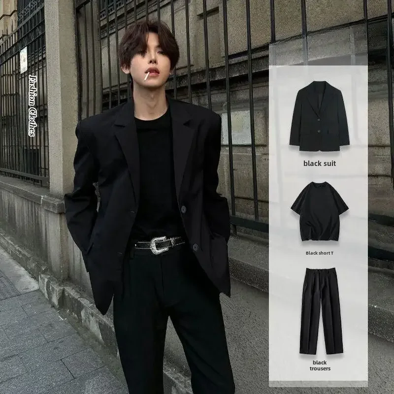 High-end Casual Suit Jacket For Men Trendy Western Style Spring Autumn Season Black Color Full Set Clothes By Popular Brand