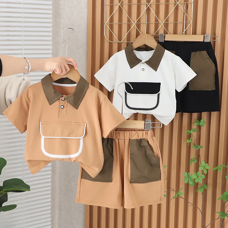 

White Brown Little Boys Clothing Sets Child Toddler Fashion Pocket Shirts Tops And Shorts 2pcs Kids Suits 1 2 3 4 5 6 7 Years