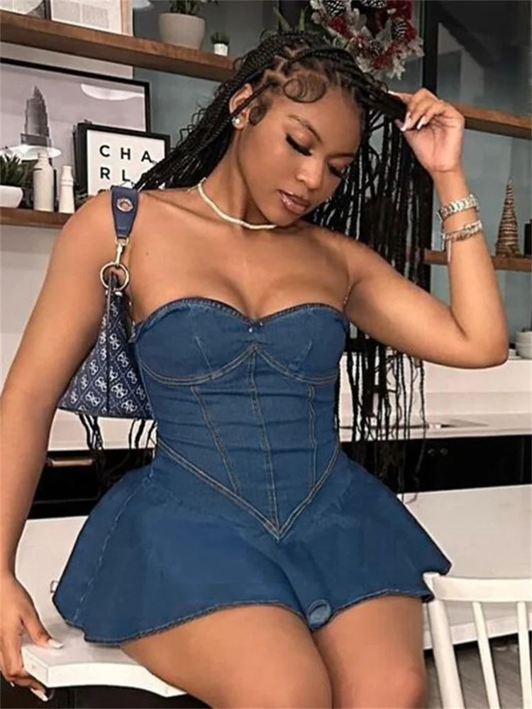 kliou Fake Denim Women Mini Dresses Summer Classic Fashion Strapless Cleavage Draped A-line Bodycon Female Party Y2K Clubwear