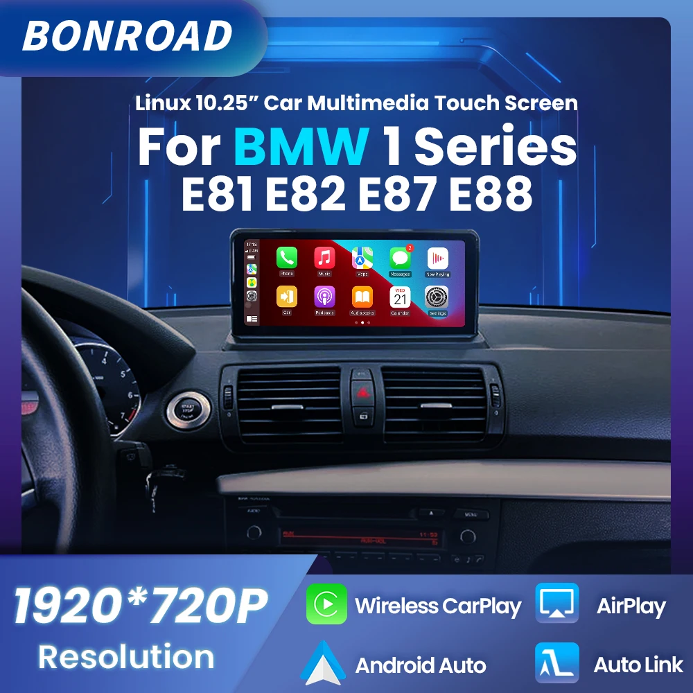 BONROAD – lecteur multimédia sans fil CarPlay Android Auto, autoradio pour BMW série 1 E81 E82 E87 E88, écran tactile