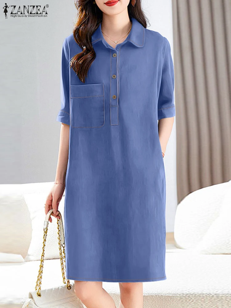 

Stylish Women Dress ZANZEA 2025 Summer Casual Loose Knee-length Sundress Elegant Work Vestido Lapel Neck Short Sleeve Shirtdress