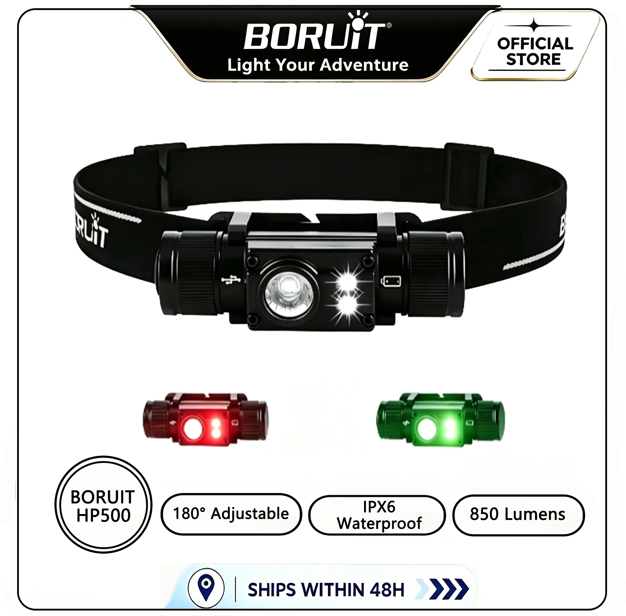 BORUiT HP500 1000LM LED Headlamp Type-C Rechargeable 18650 Headlight Waterproof Outdoor Camping Fishing Head Torch