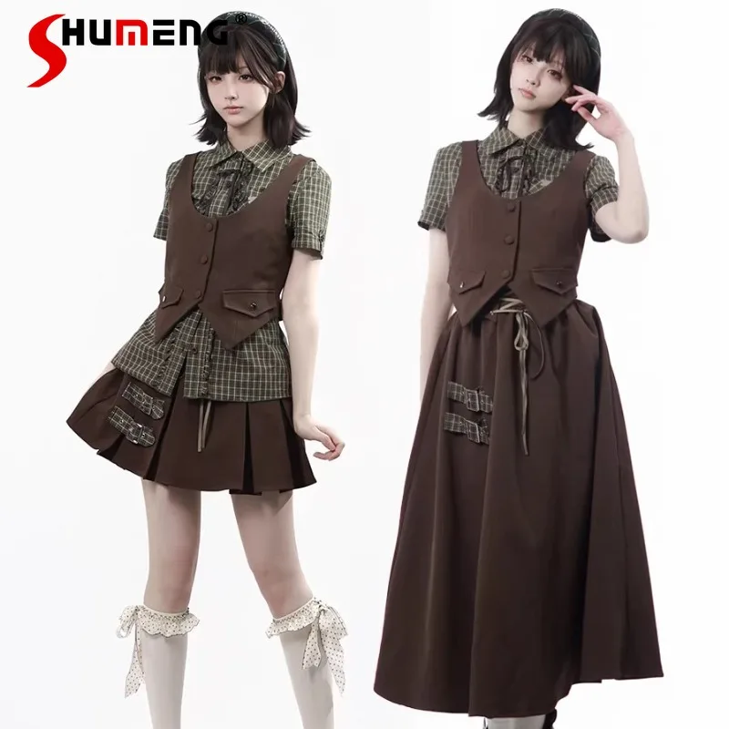 

Lucky Green Grid Shirt College Style Strap Skirt Design Sense JK Student Wear Short Sleeves Single-breasted Blouse For Ladies