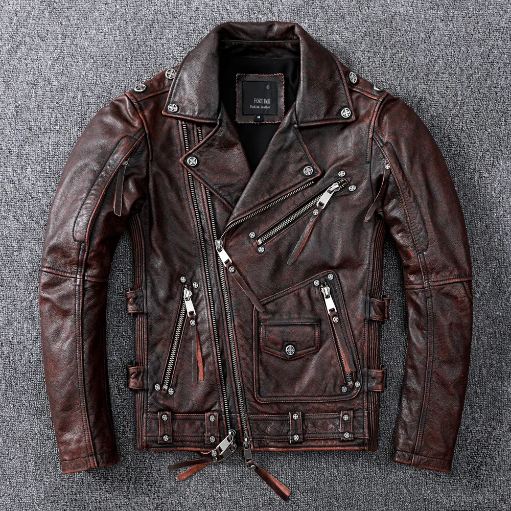 2021 Vintage Brown Motorcycle Leather Jacket Men Natural Genuine Cowhide Jackets Autumn Slim Fit Biker's Ooblique Zipper Coat